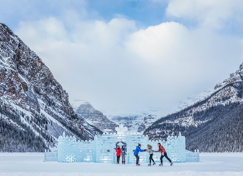 Skating around the ice castle in the middle of Lake Louise