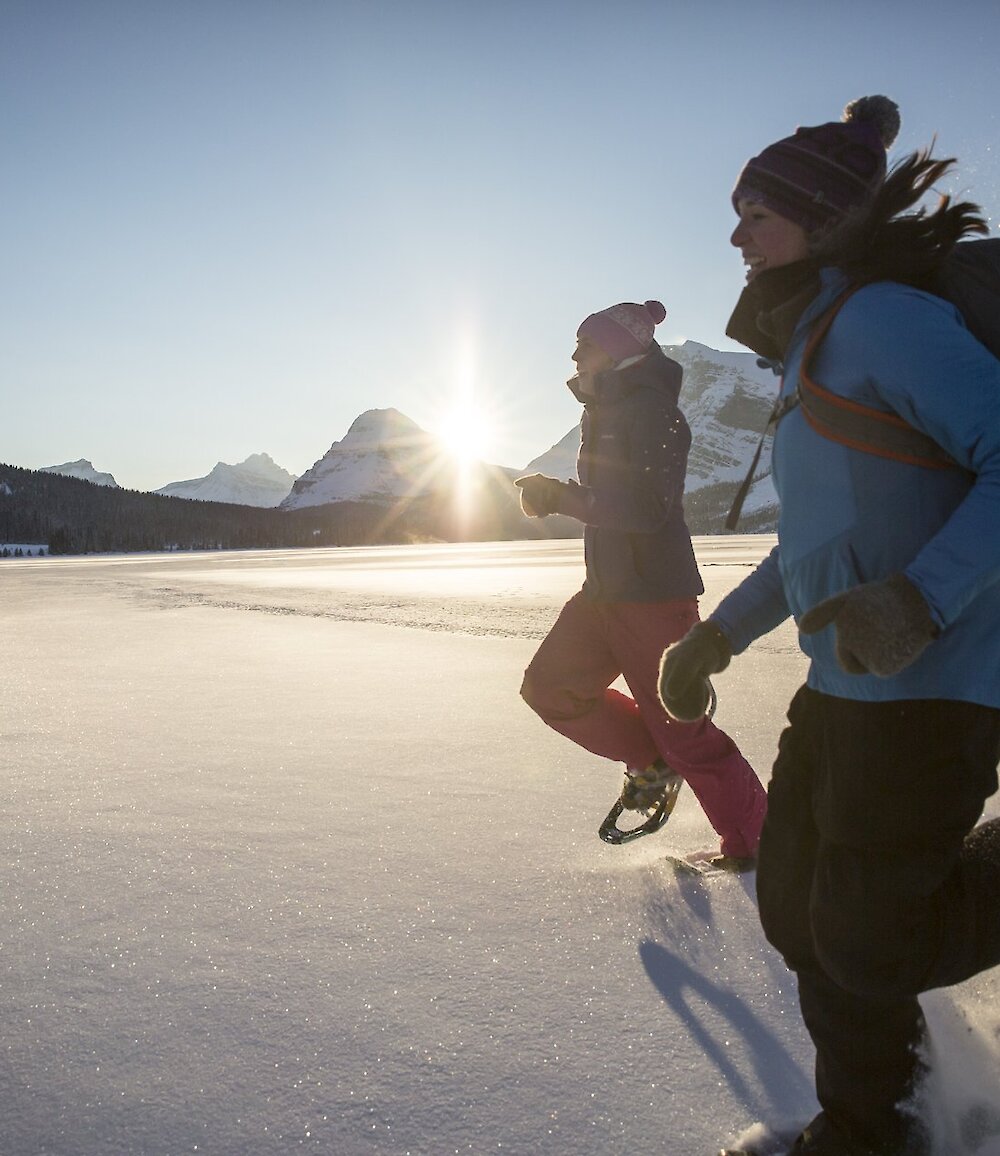 Enjoying a snowshoe in Banff National Park on rental snowshoes