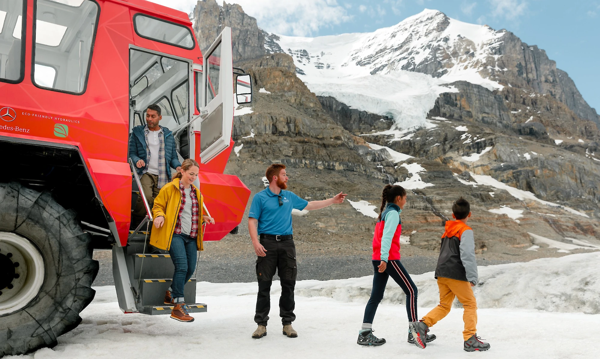 Guests exiting the Ice Explorer on the Colubia Icefield Adventure